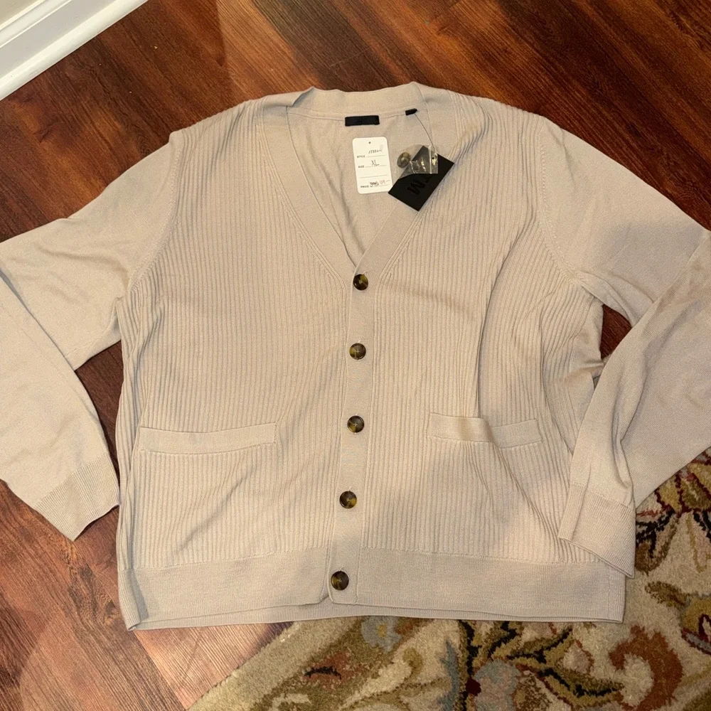 NEW ATM Men's ribbed front buttons Merino wool cardigan in Beige - Size XL
